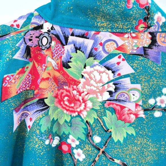 Vintage y2k Japanese Teal 100% Cotton Twill Child’s Kimono - Picture 4 of 7